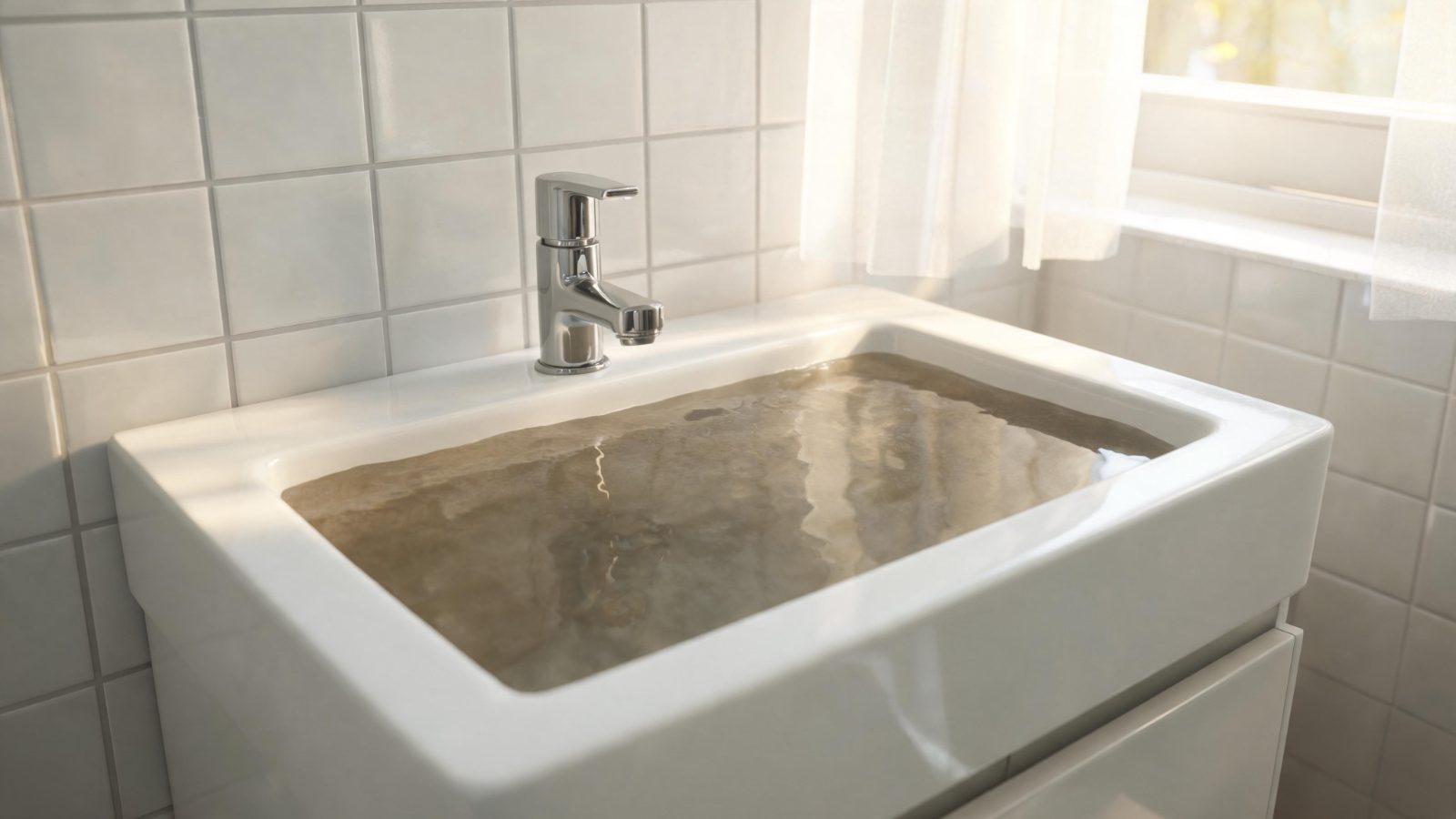 Waschbecken mit stehendem truebem Wasser, das nicht ablaeuft